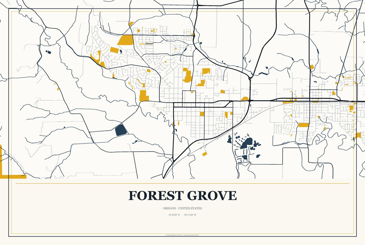 Forest Grove, Oregon City Map Aluminum Sign in Citrine Modern style