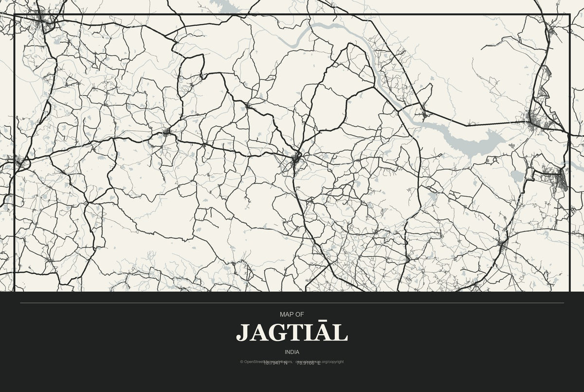 Jagtiāl, India City Map Aluminum Sign in Museum Plaque style