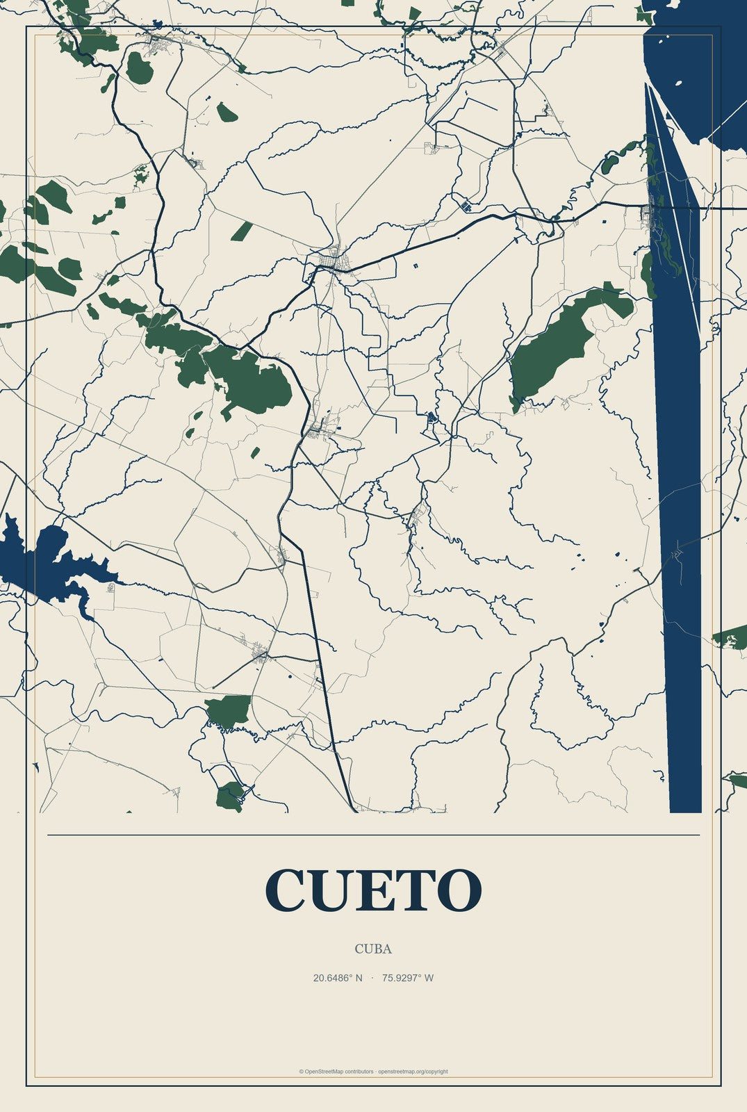 Cueto, Cuba City Map Aluminum Sign in Coastal Cutout style