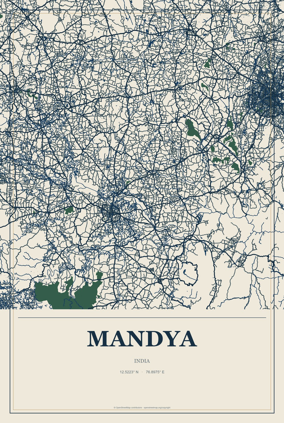Mandya, India City Map Aluminum Sign in Coastal Cutout style