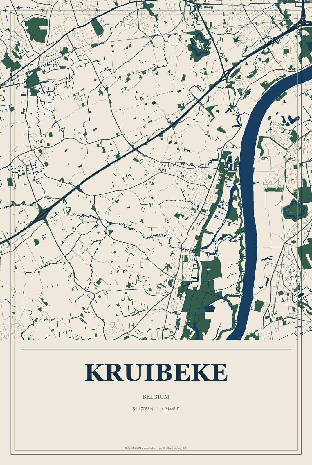 Kruibeke, Belgium City Map Aluminum Sign in Coastal Cutout style