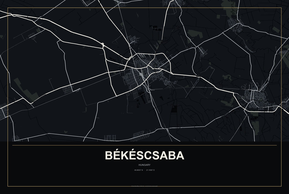 Békéscsaba, Hungary City Map Aluminum Sign in Metropolitan Noir style