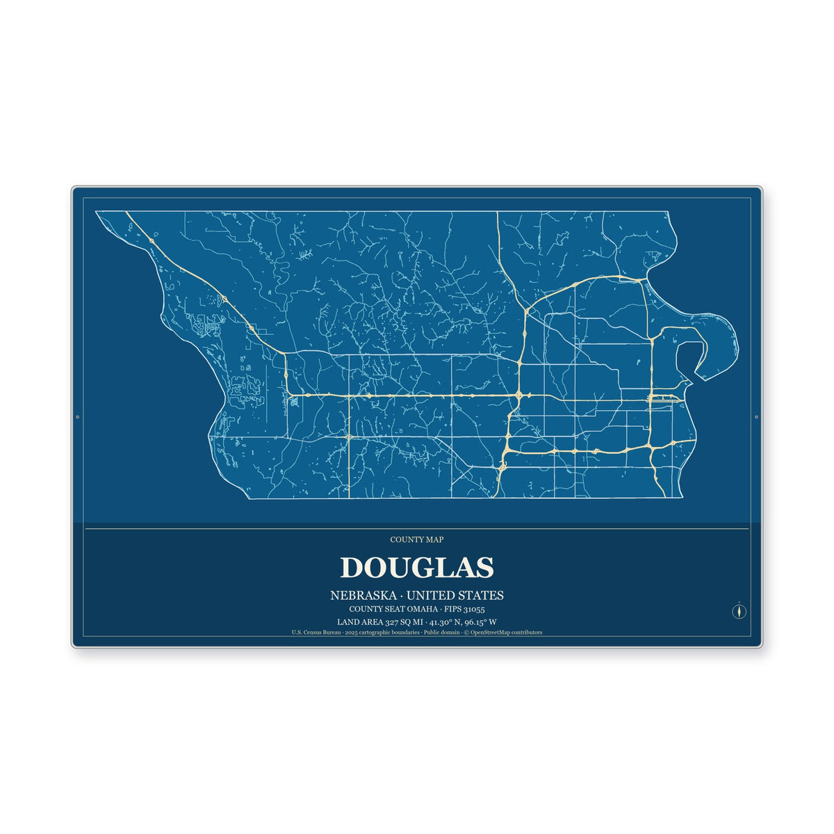 Douglas County, Nebraska Map Aluminum Sign in Harbor Cobalt style