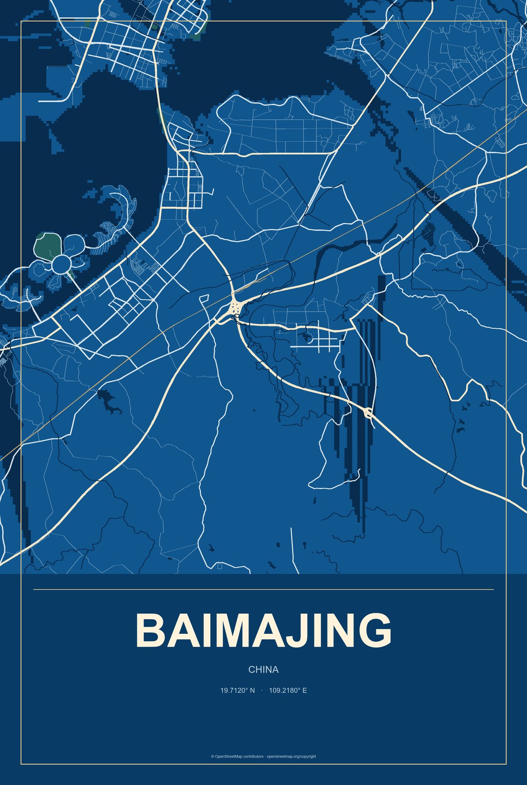 Baimajing, China City Map Aluminum Sign in Harbor Cobalt style