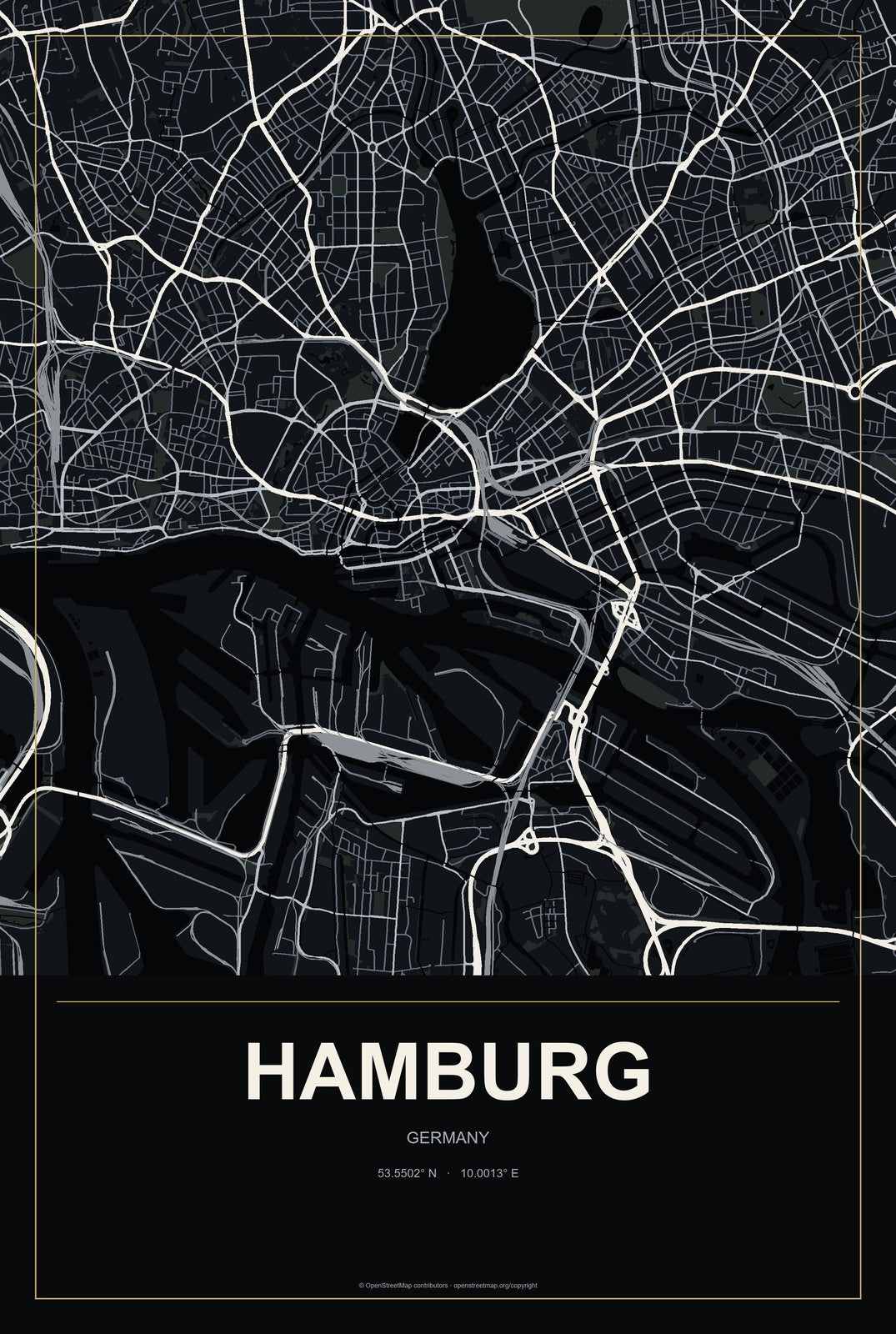 Hamburg, Germany City Map Aluminum Sign in Metropolitan Noir style