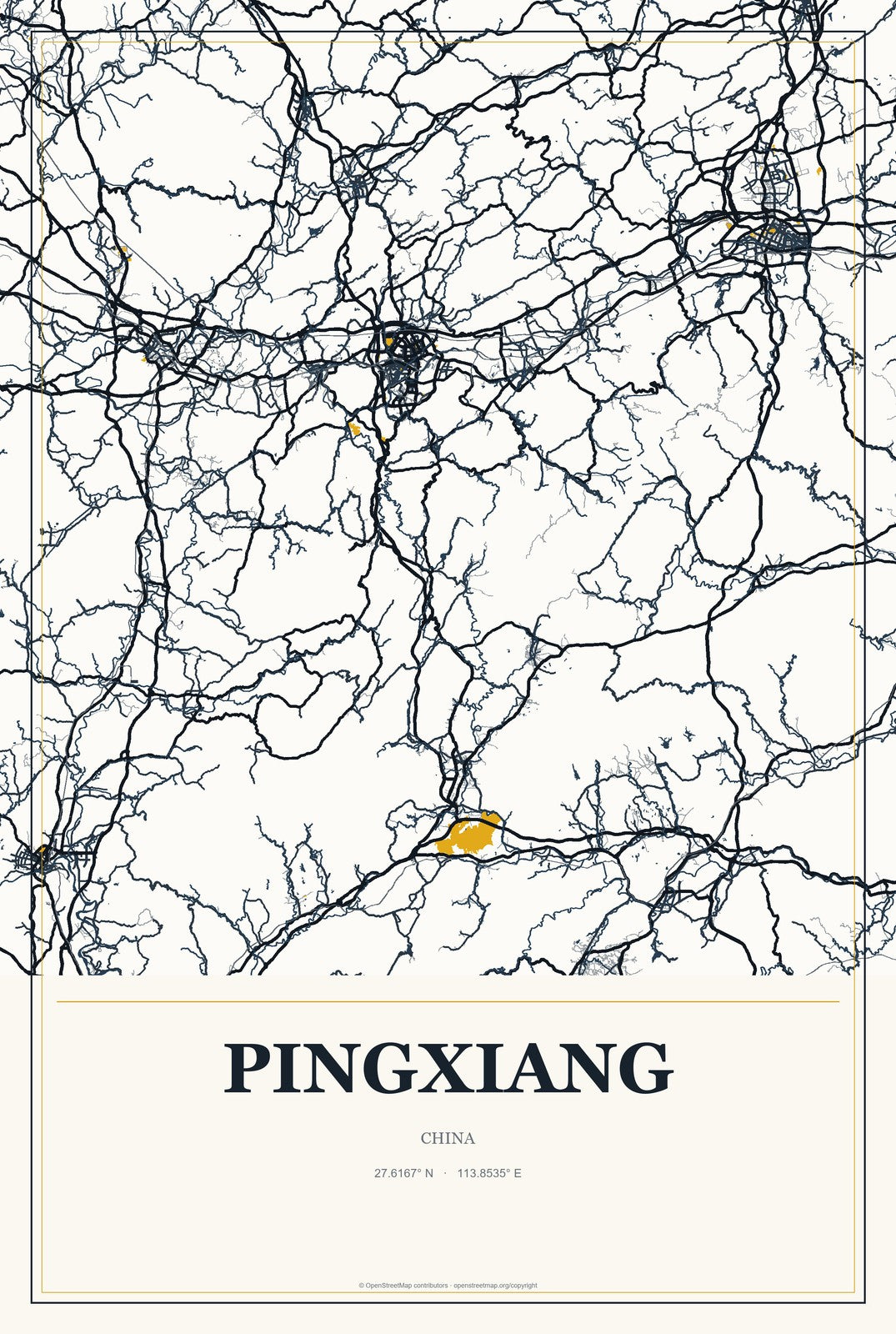 Pingxiang, Guangxi, China City Map Aluminum Sign in Citrine Modern style