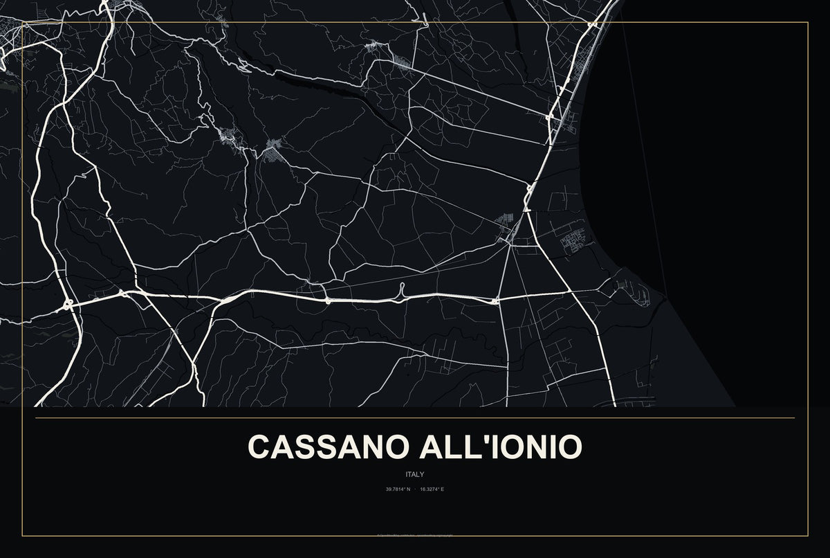 Cassano All'Ionio, Italy City Map Aluminum Sign in Metropolitan Noir style