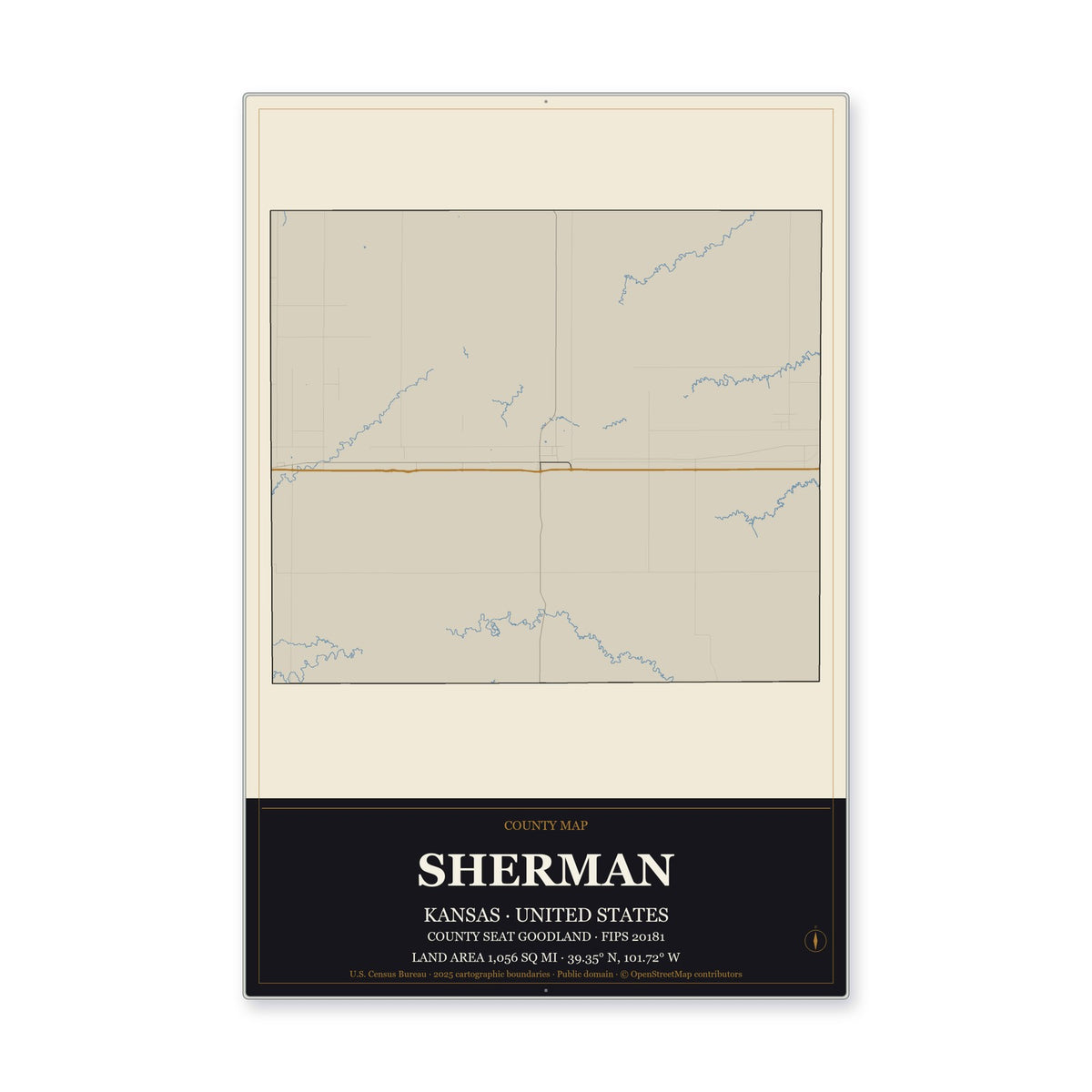 Sherman County, Kansas Map Aluminum Sign in Museum Plaque style