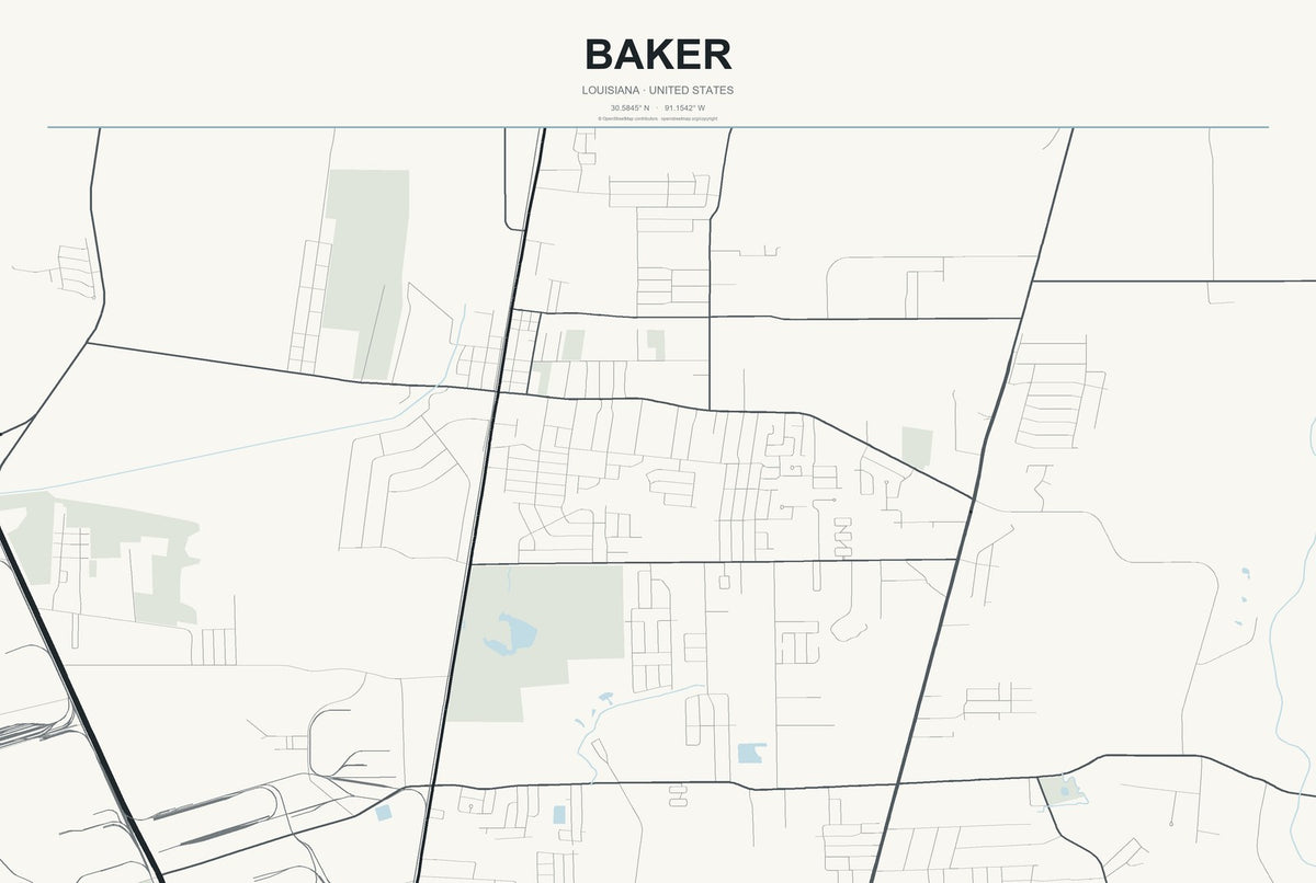 Baker, Louisiana City Map Aluminum Sign in Headline Atlas style