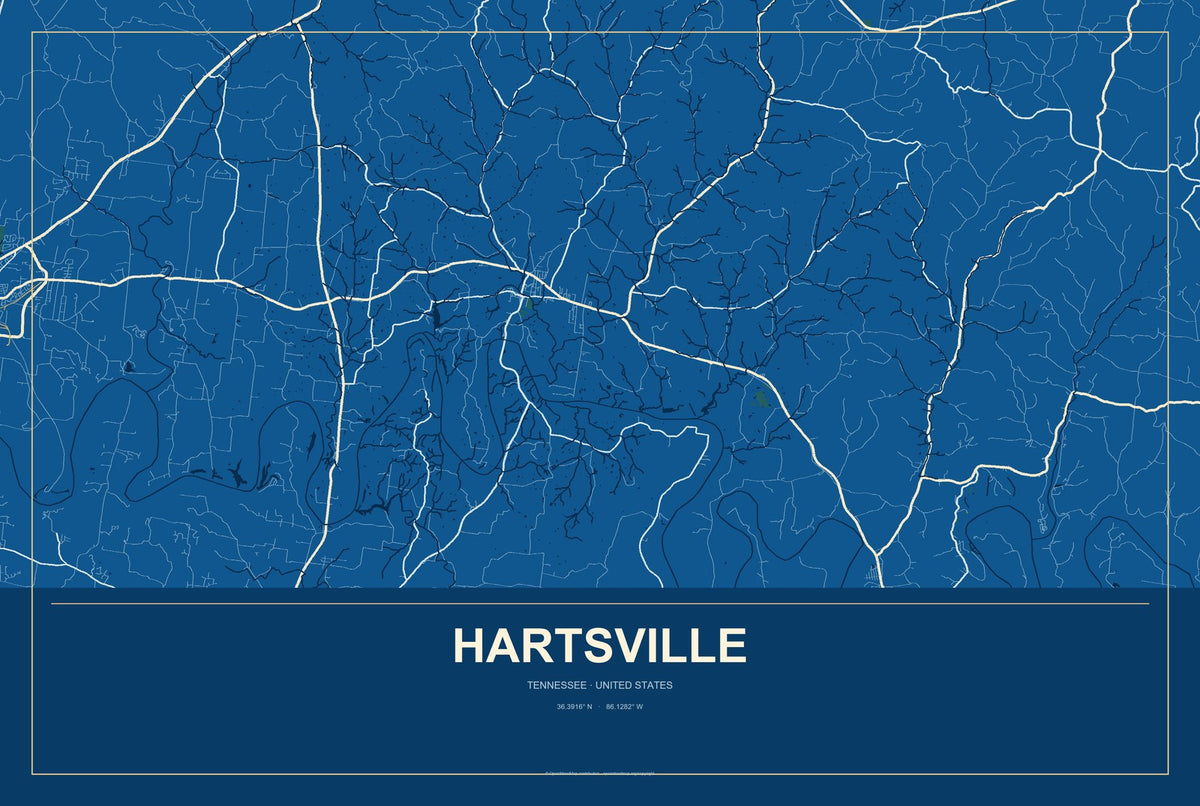 Hartsville, Tennessee City Map Aluminum Sign in Harbor Cobalt style
