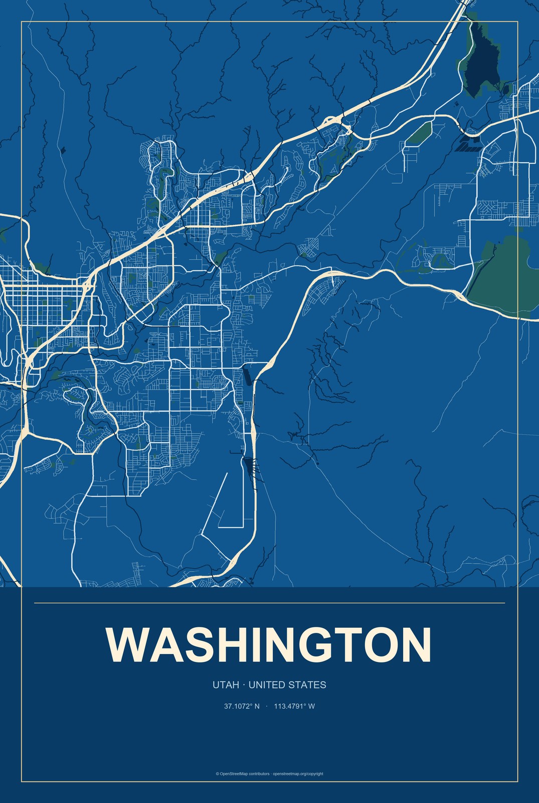Washington, Utah City Map Aluminum Sign in Harbor Cobalt style
