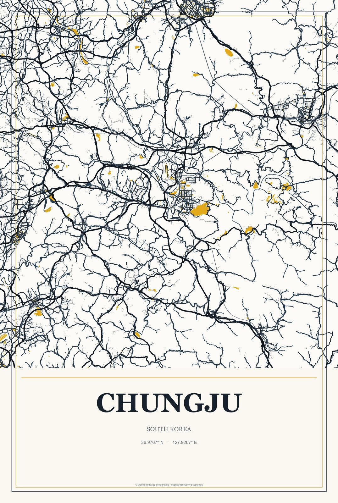 Chungju, South Korea City Map Aluminum Sign in Citrine Modern style