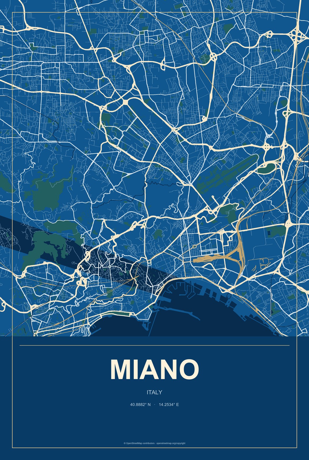 Miano, Italy City Map Aluminum Sign in Harbor Cobalt style