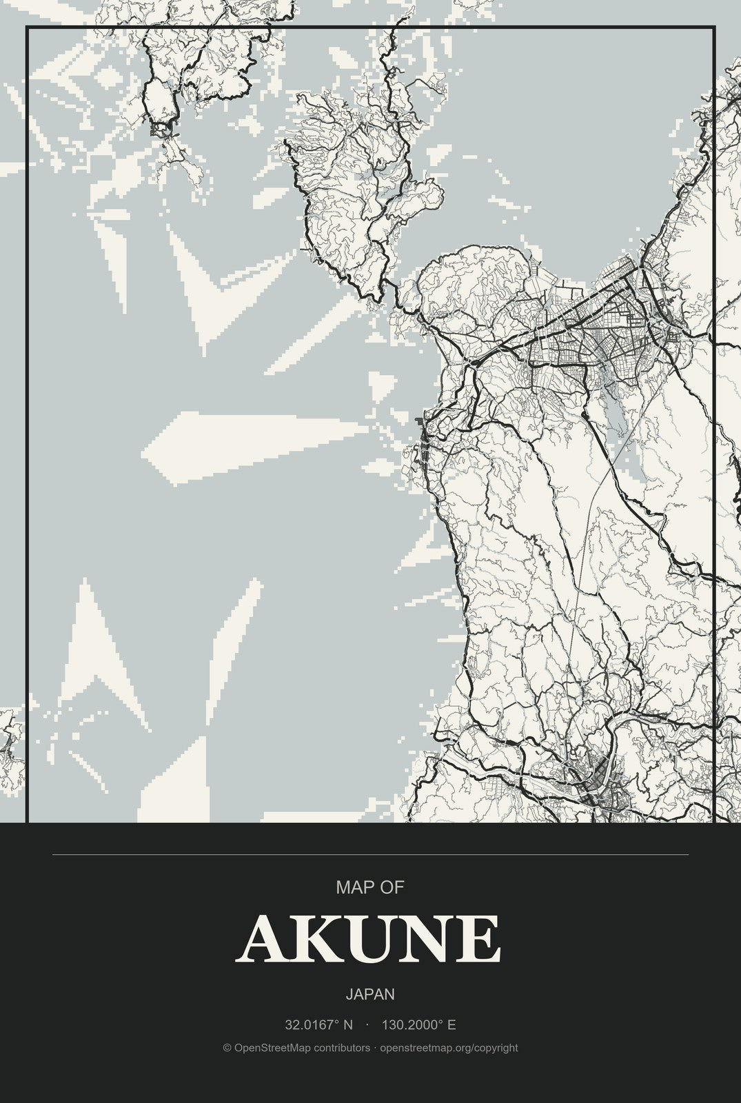 Akune, Japan City Map Aluminum Sign in Museum Plaque style