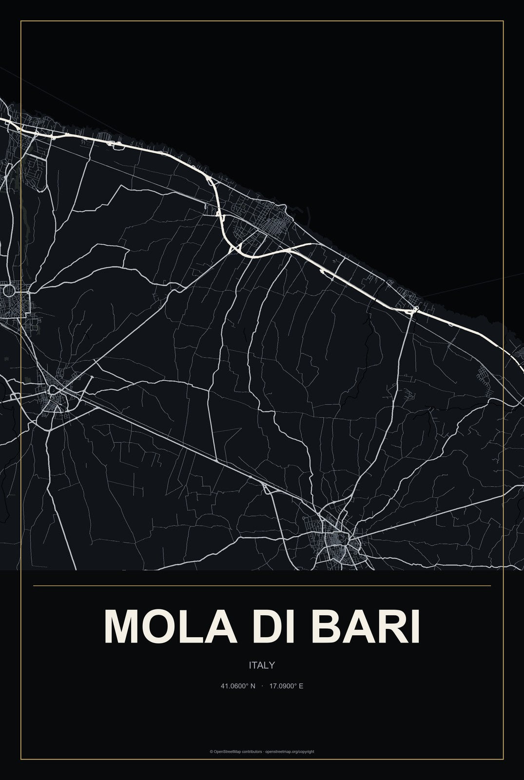Mola di Bari, Italy City Map Aluminum Sign in Metropolitan Noir style