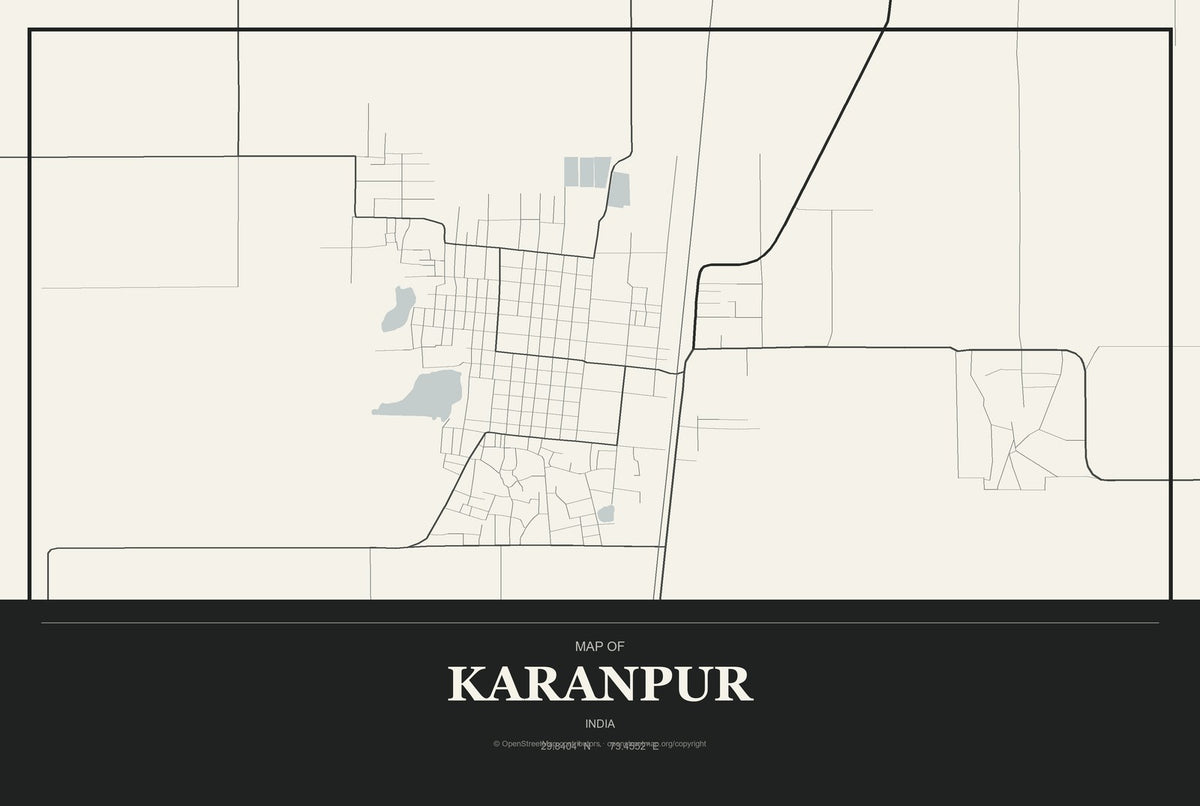 Karanpur, India City Map Aluminum Sign in Museum Plaque style
