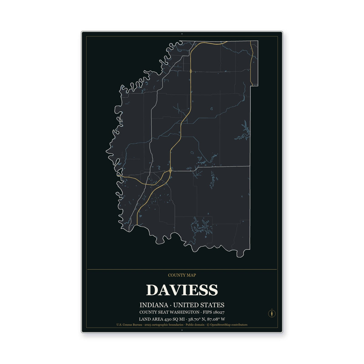 Daviess County, Indiana Map Aluminum Sign in Metropolitan Noir style