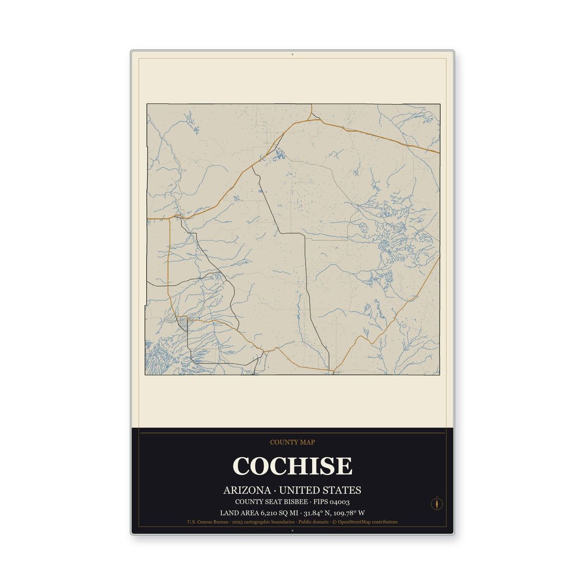 Cochise County, Arizona Map Aluminum Sign in Museum Plaque style