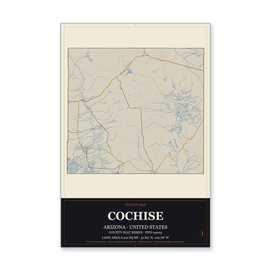 Cochise County, Arizona Map Aluminum Sign in Museum Plaque style