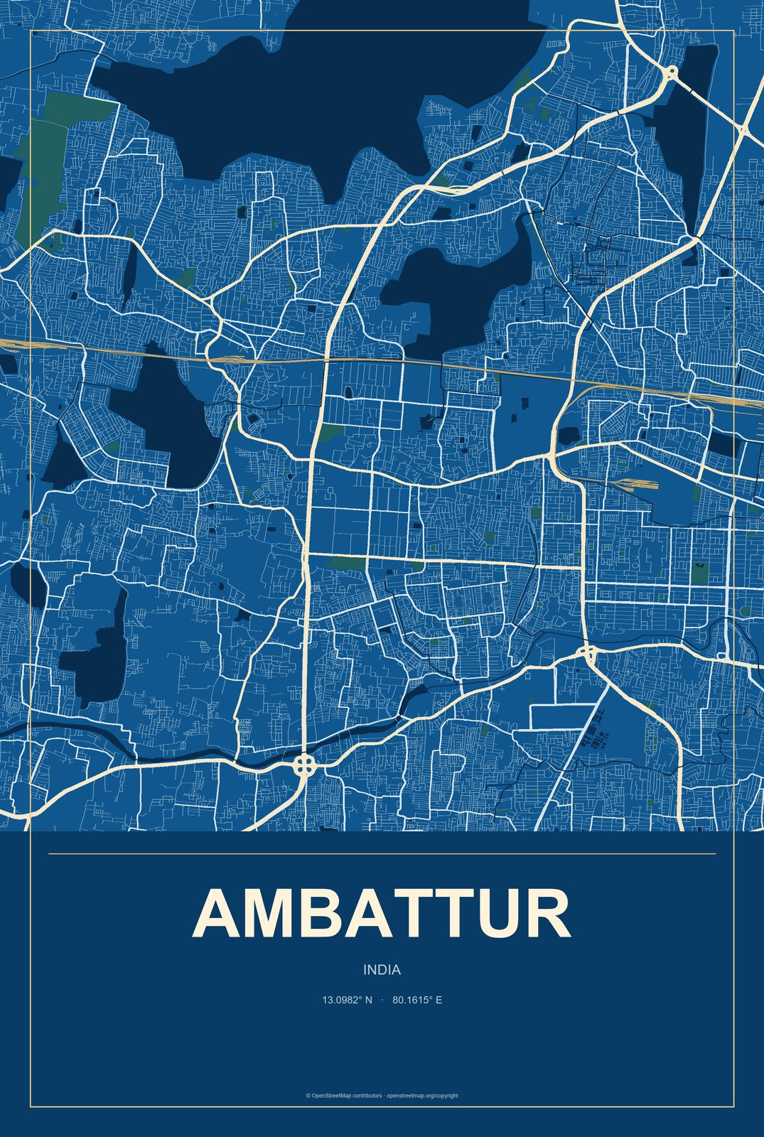 Ambattur, India City Map Aluminum Sign in Harbor Cobalt style