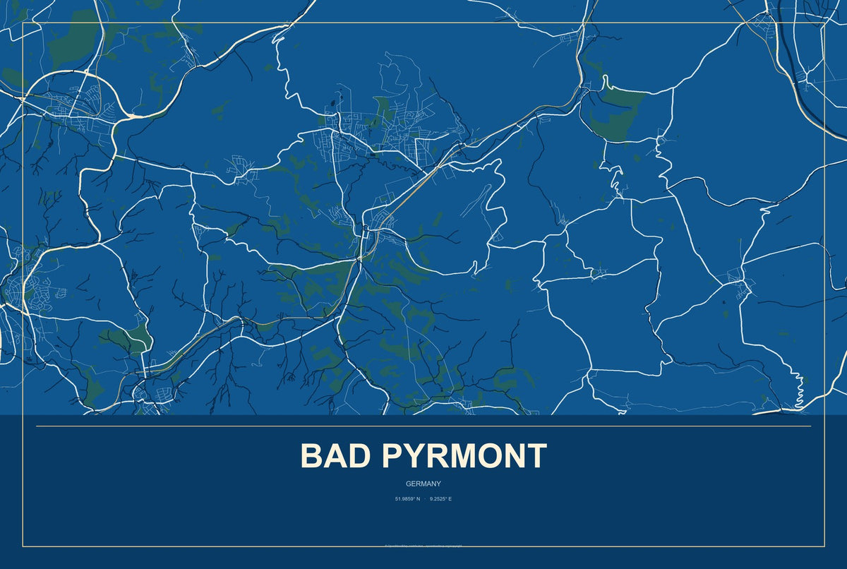 Bad Pyrmont, Germany City Map Aluminum Sign in Harbor Cobalt style