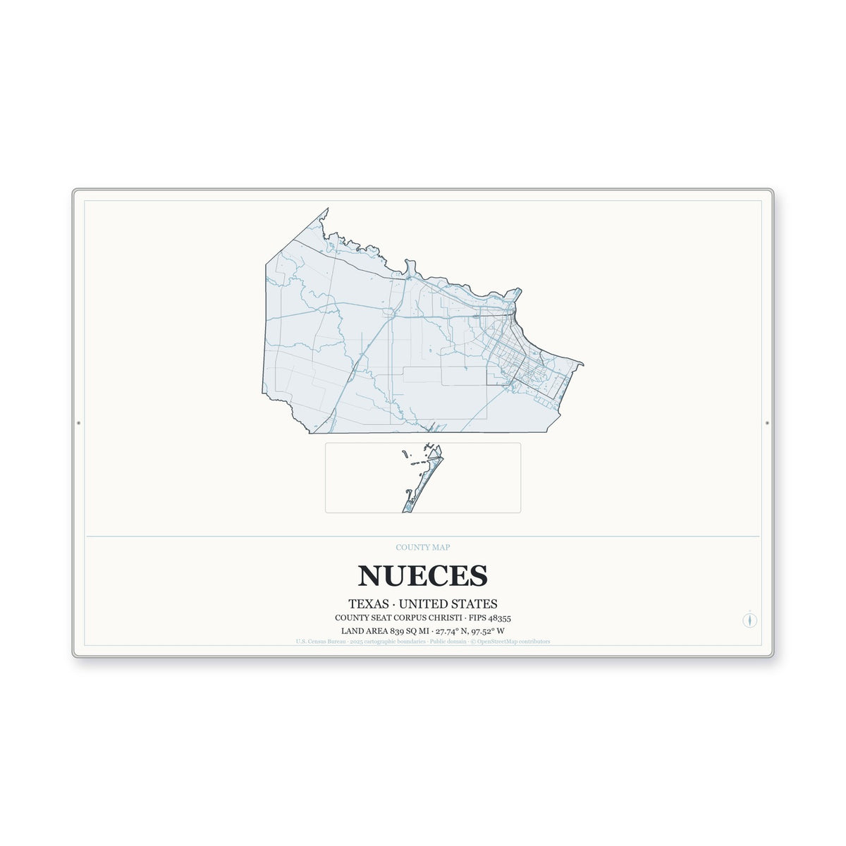 Nueces County, Texas Map Aluminum Sign in Gallery Air style