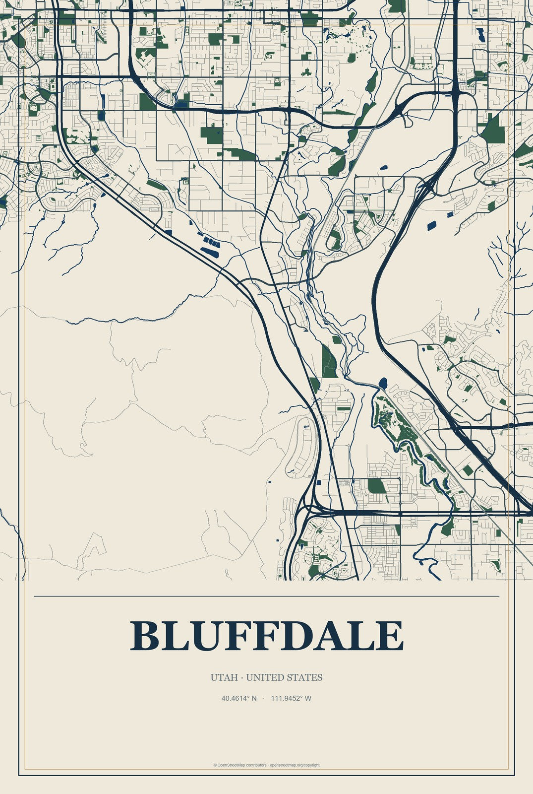Bluffdale, Utah City Map Aluminum Sign in Coastal Cutout style