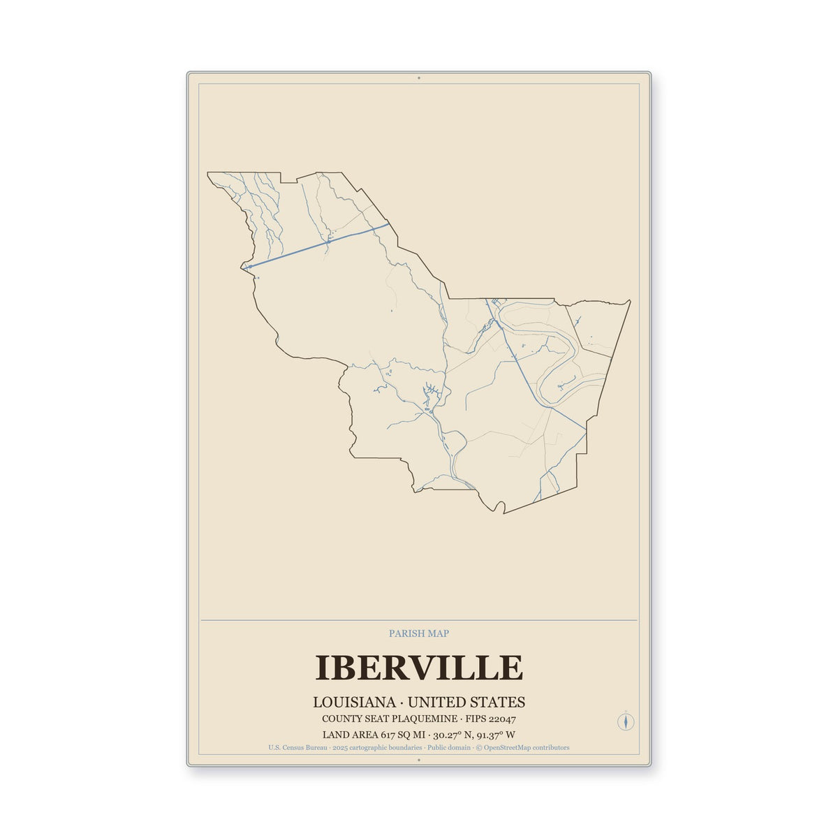 Iberville Parish, Louisiana Map Aluminum Sign in Heritage Nautical style
