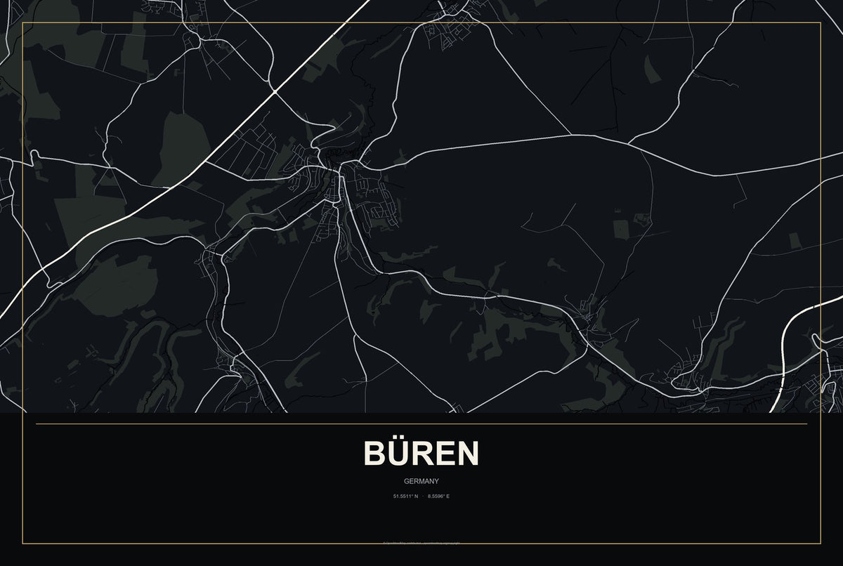 Büren, Germany City Map Aluminum Sign in Metropolitan Noir style