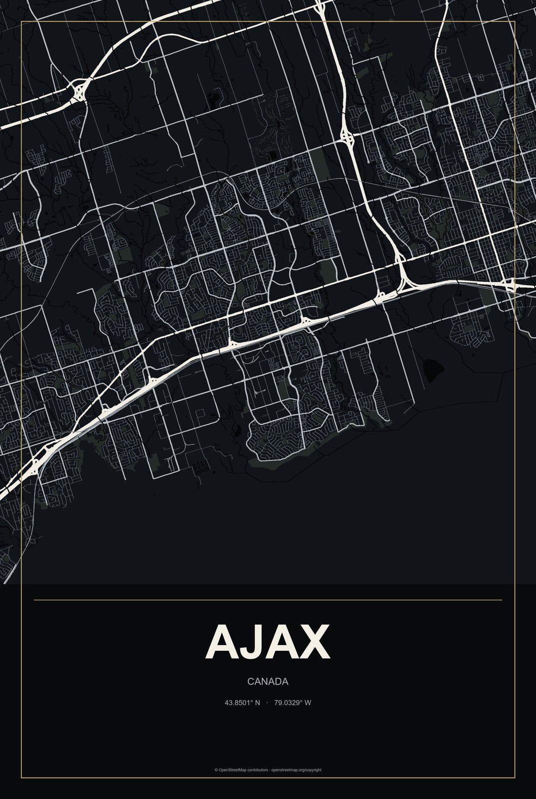 Ajax, Canada City Map Aluminum Sign in Metropolitan Noir style