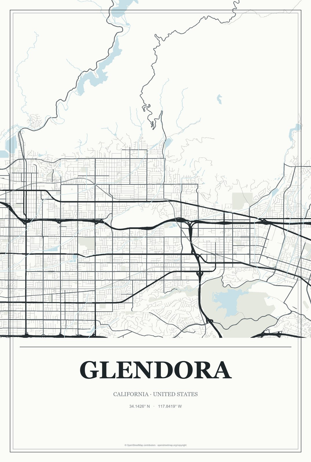 Glendora, California City Map Aluminum Sign in Gallery Air style