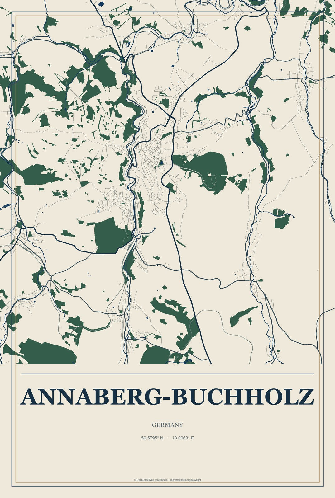 Annaberg-Buchholz, Germany City Map Aluminum Sign in Coastal Cutout style