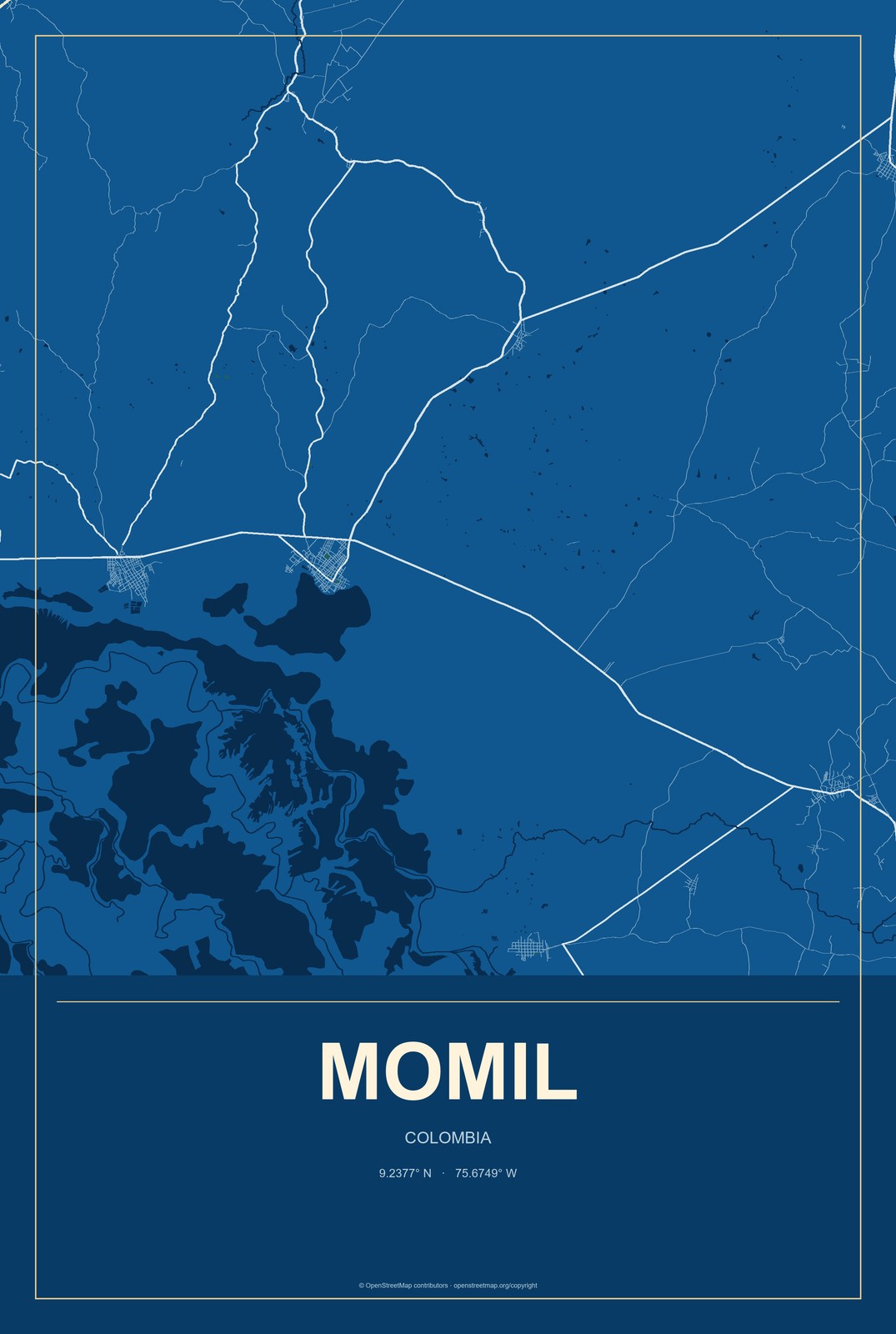 Momil, Colombia City Map Aluminum Sign in Harbor Cobalt style