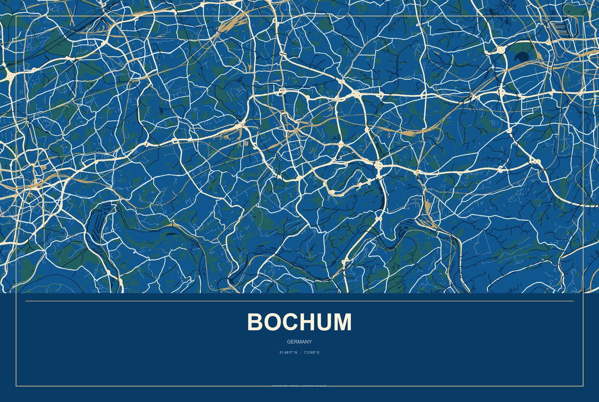 Bochum, Germany City Map Aluminum Sign in Harbor Cobalt style