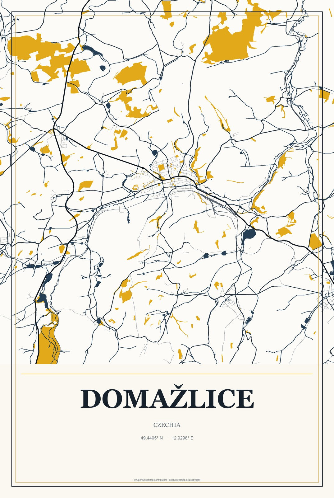 Domažlice, Czechia City Map Aluminum Sign in Citrine Modern style