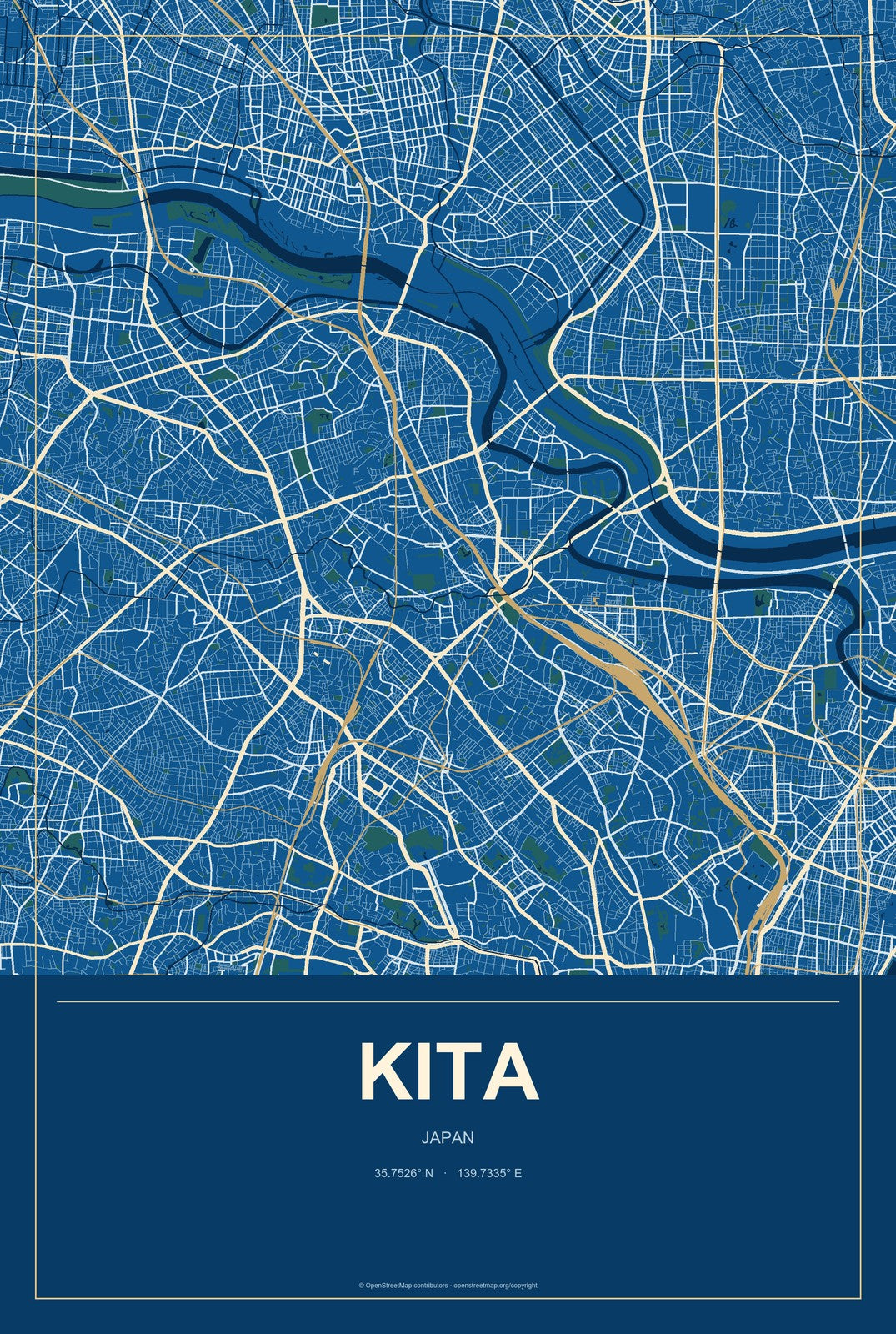 Kita, Japan City Map Aluminum Sign in Harbor Cobalt style