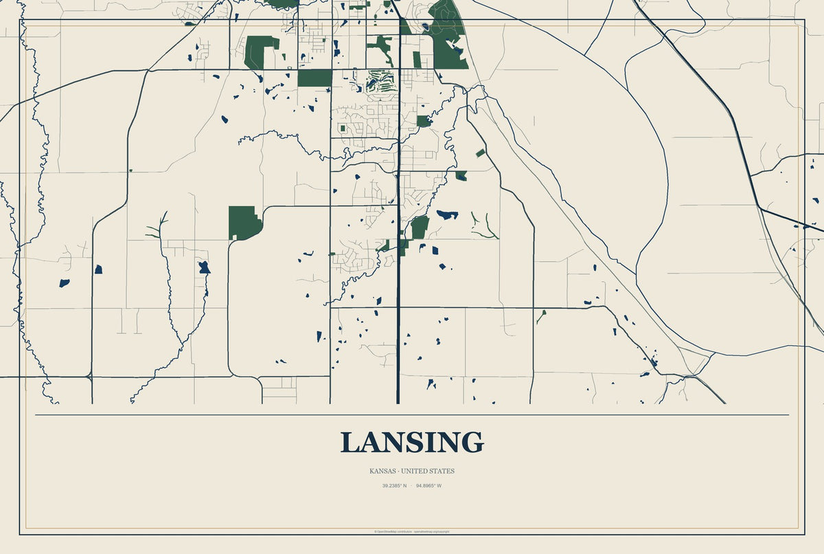 Lansing, Kansas City Map Aluminum Sign in Coastal Cutout style