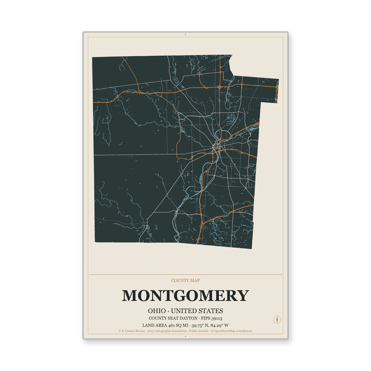Montgomery County, Ohio Map Aluminum Sign in Headline Atlas style