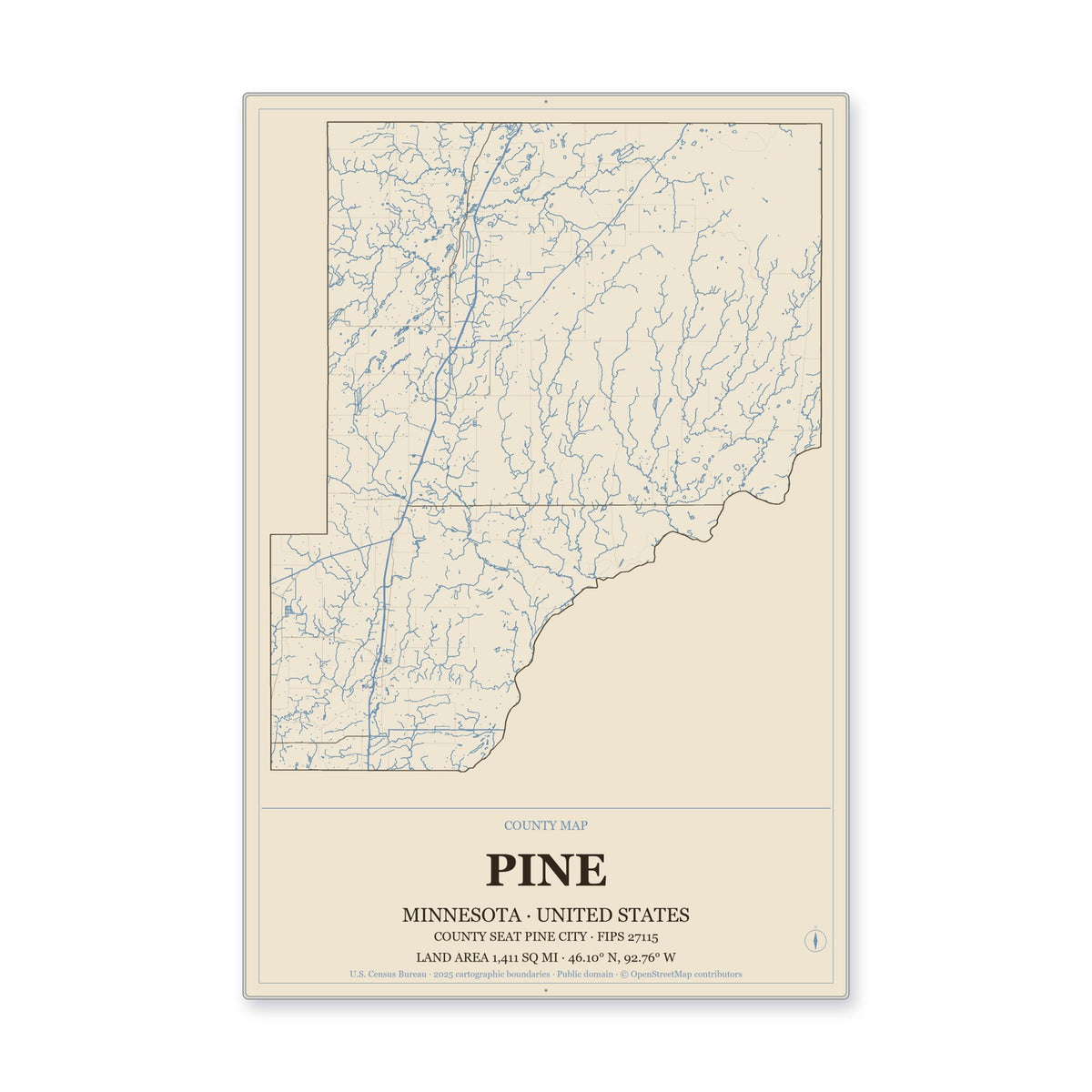 Pine County, Minnesota Map Aluminum Sign in Heritage Nautical style