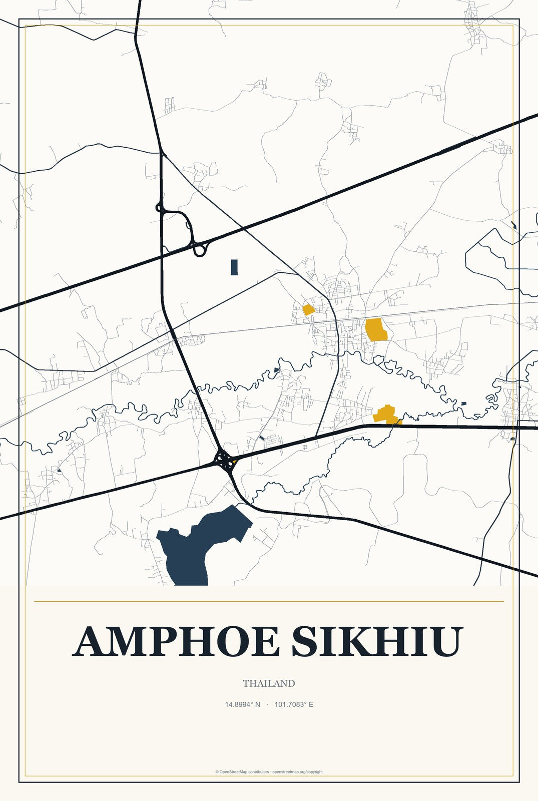 Amphoe Sikhiu, Thailand City Map Aluminum Sign in Citrine Modern style