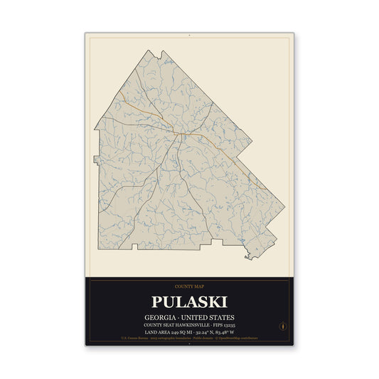 Pulaski County, Georgia Map Aluminum Sign in Museum Plaque style
