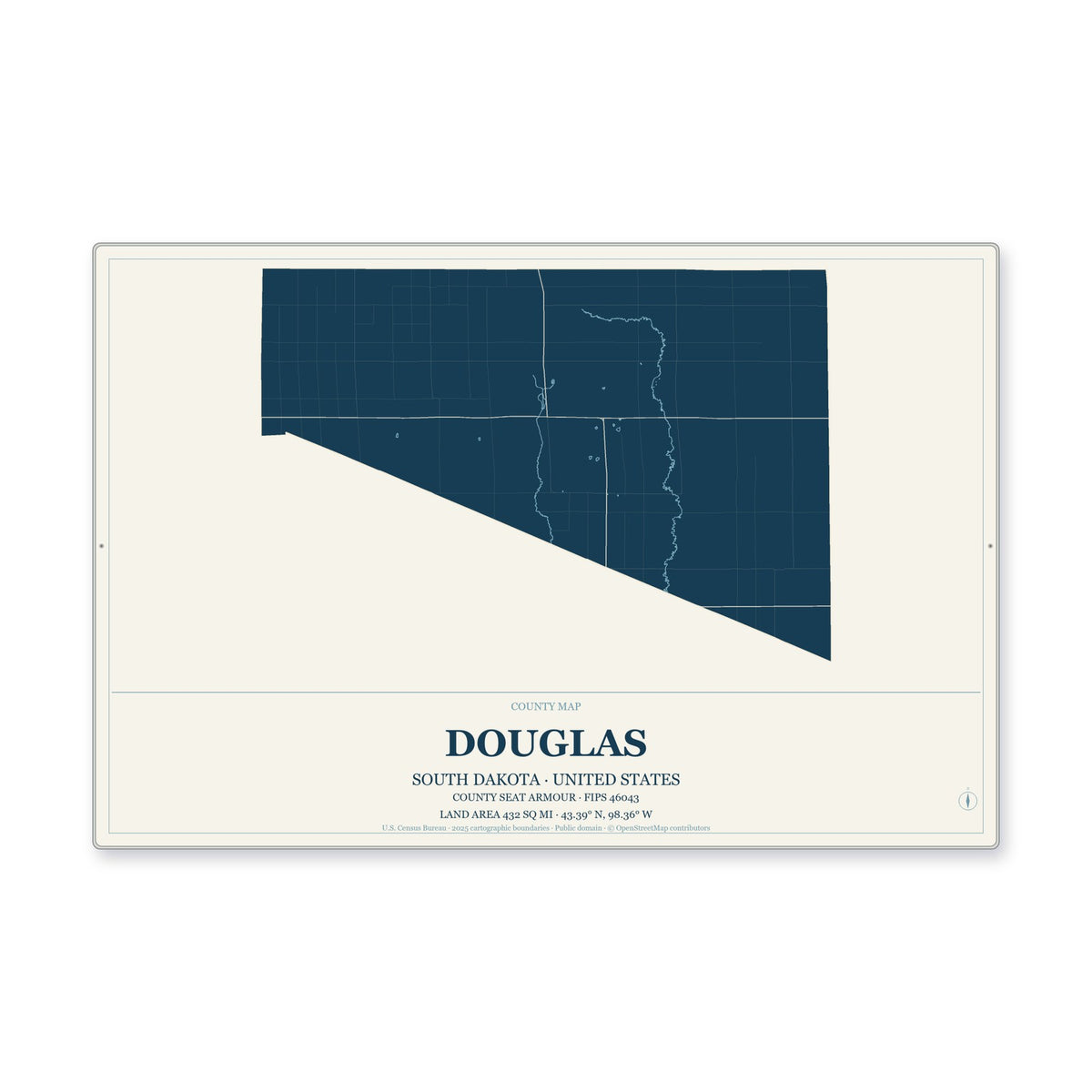 Douglas County, South Dakota Map Aluminum Sign in Coastal Cutout style