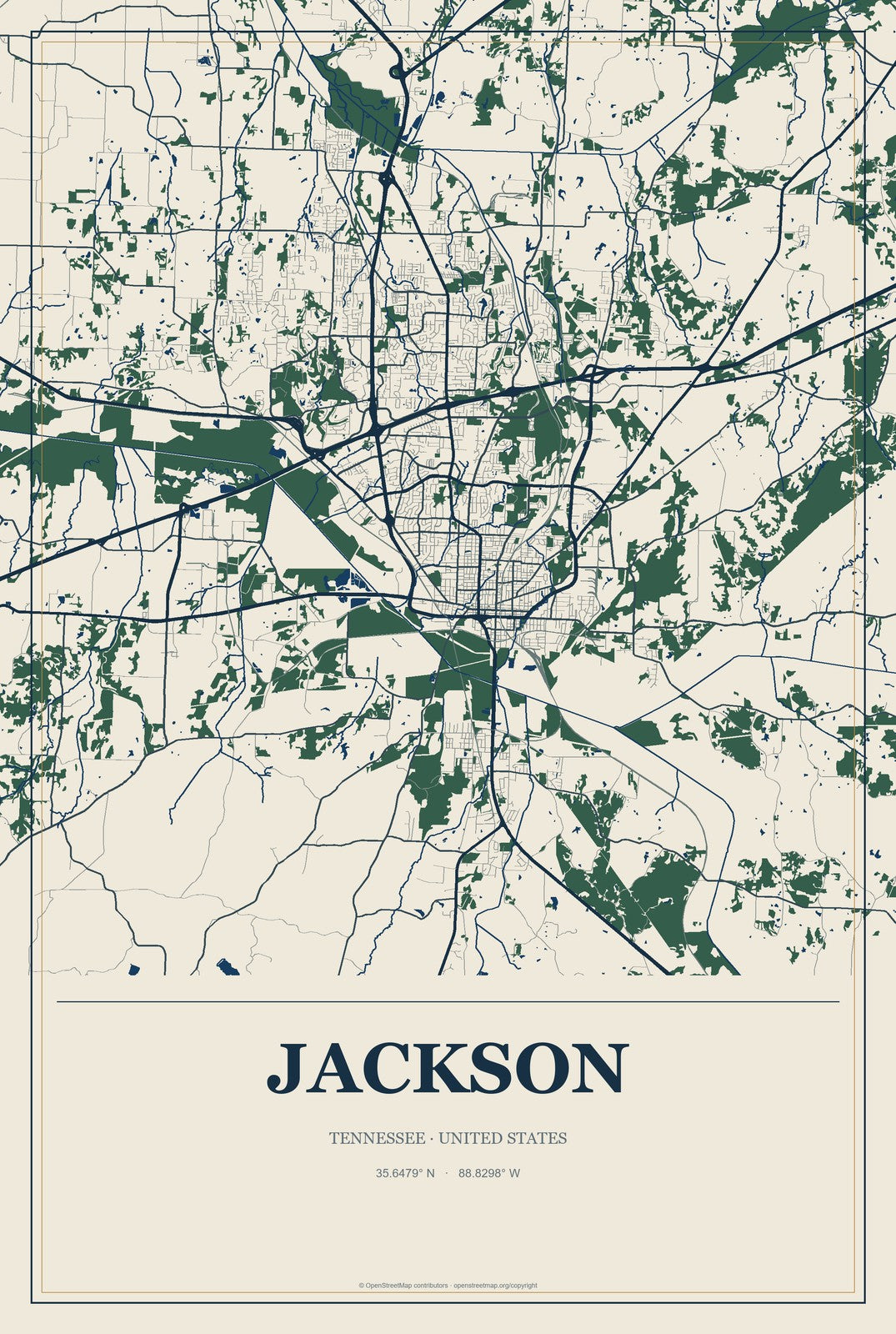 Jackson, Tennessee City Map Aluminum Sign in Coastal Cutout style