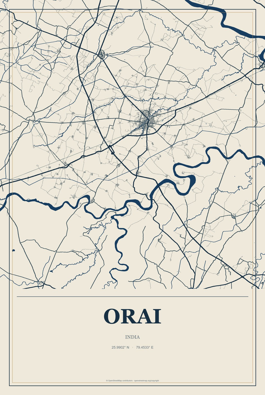 Orai, India City Map Aluminum Sign in Coastal Cutout style