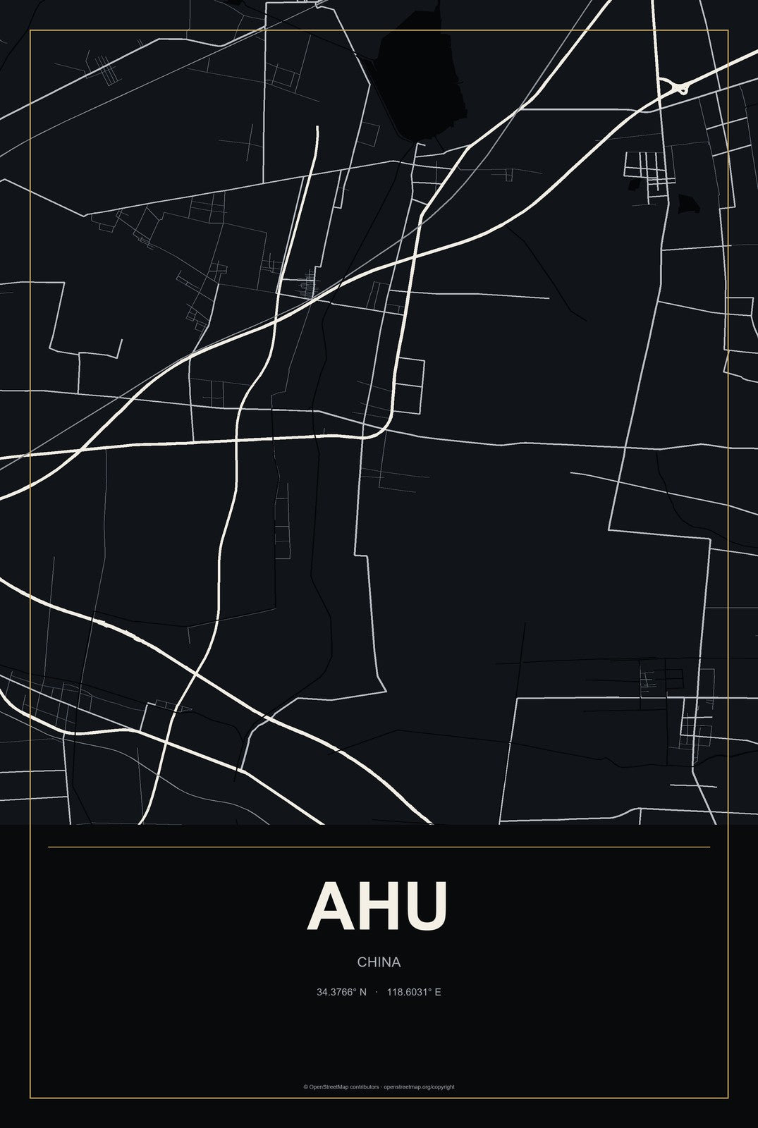 Ahu, China City Map Aluminum Sign in Metropolitan Noir style