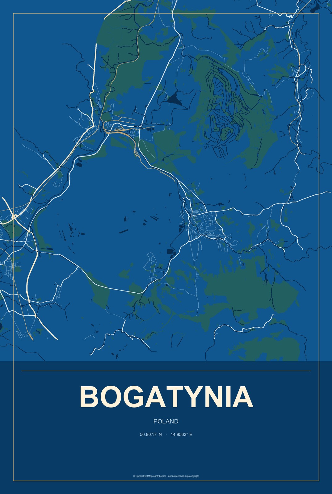 Bogatynia, Poland City Map Aluminum Sign in Harbor Cobalt style