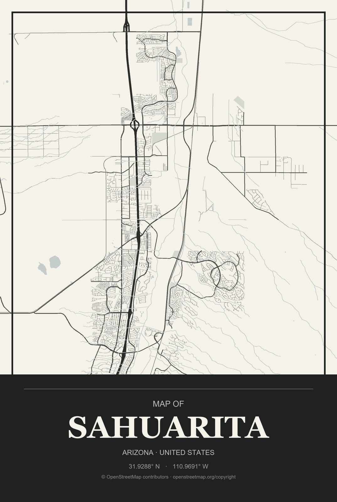 Sahuarita, Arizona City Map Aluminum Sign in Museum Plaque style