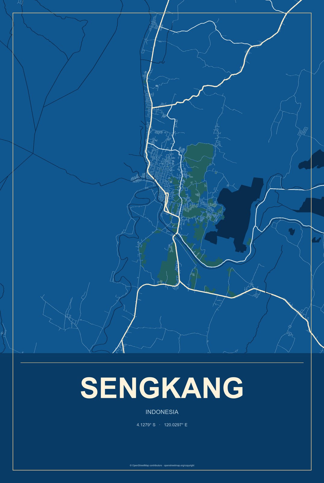Sengkang, Indonesia City Map Aluminum Sign in Harbor Cobalt style