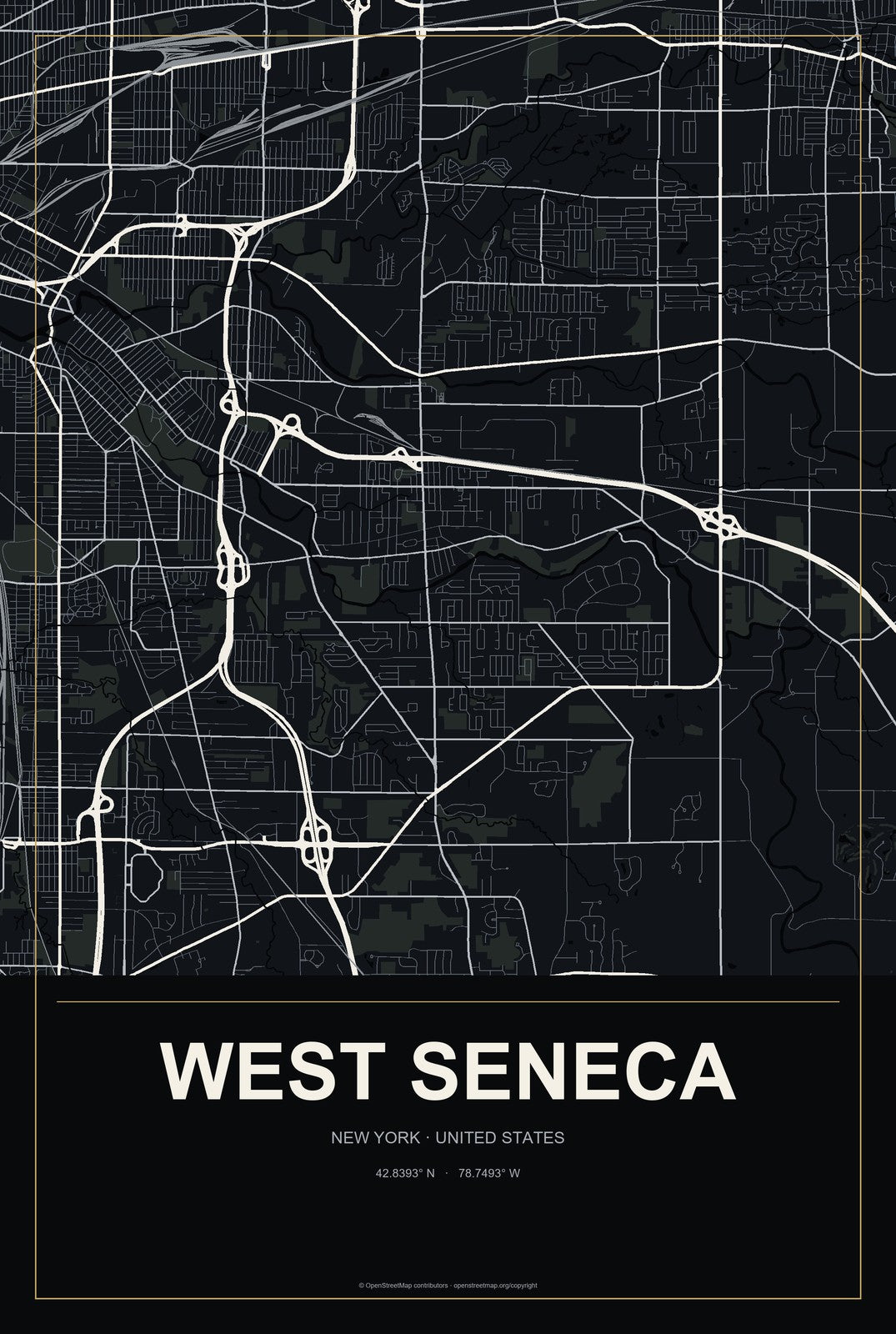 West Seneca, New York City Map Aluminum Sign in Metropolitan Noir style