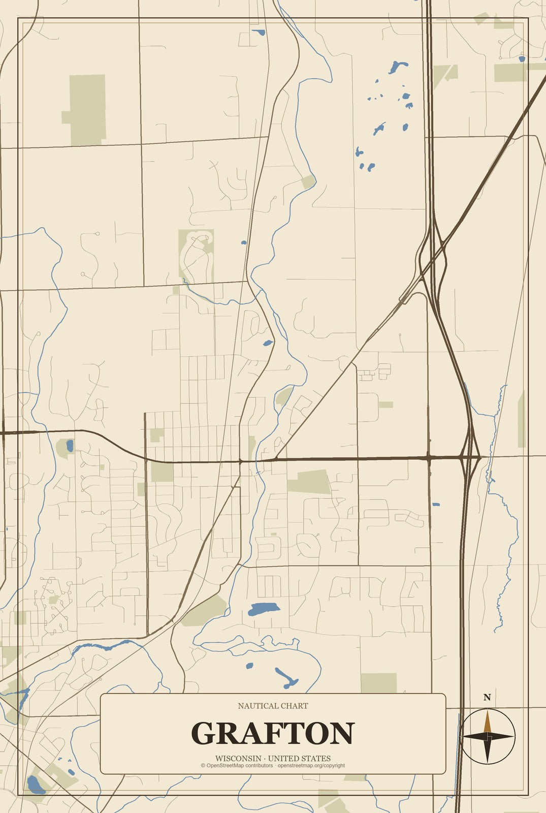 Grafton, Wisconsin City Map Aluminum Sign in Heritage Nautical style